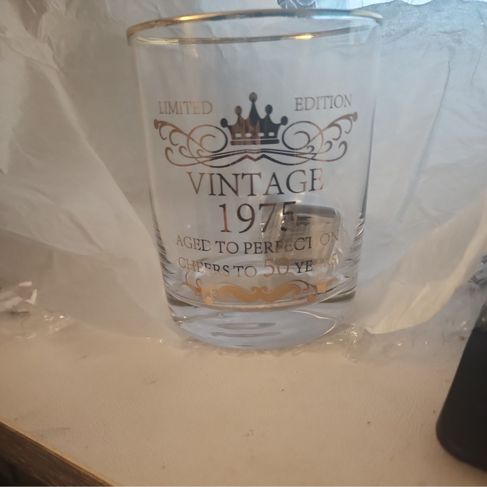 Vintage 1975 Limited Edition 50th Birthday Whiskey Glass Gold Rim Rocks Glass